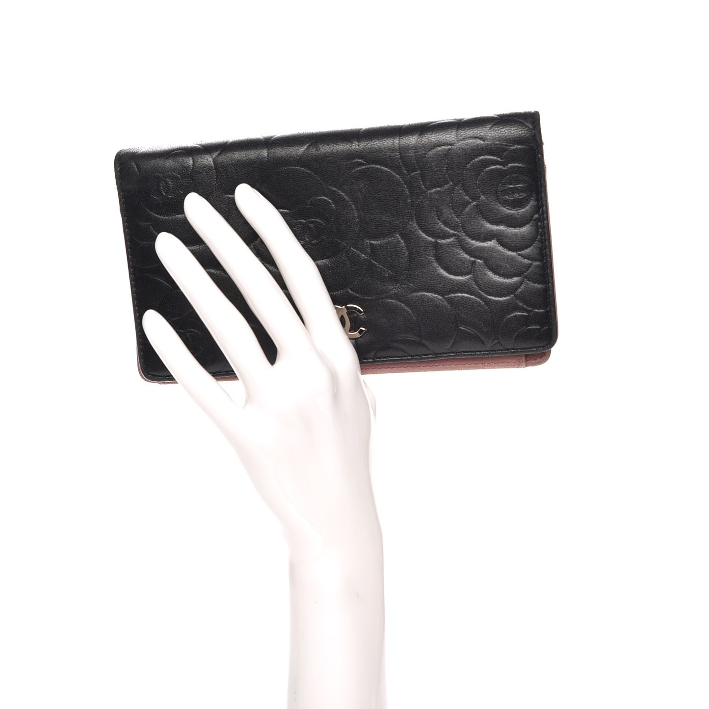 Lambskin Camellia Embossed Yen Wallet Black