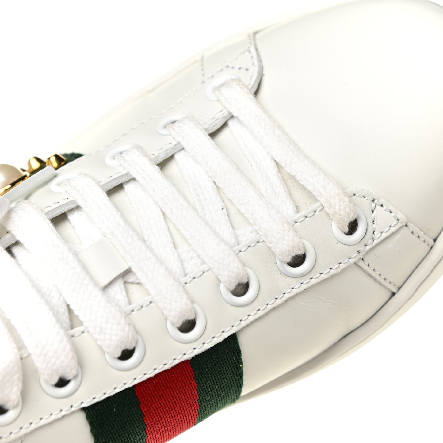Calfskin Web Pearl Studded Womens Ace Sneakers 35 White