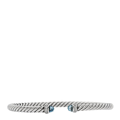 David Yurman Sterling Silver Diamond Blue Topaz 4mm Cable Flex Bracelet 1 of 4