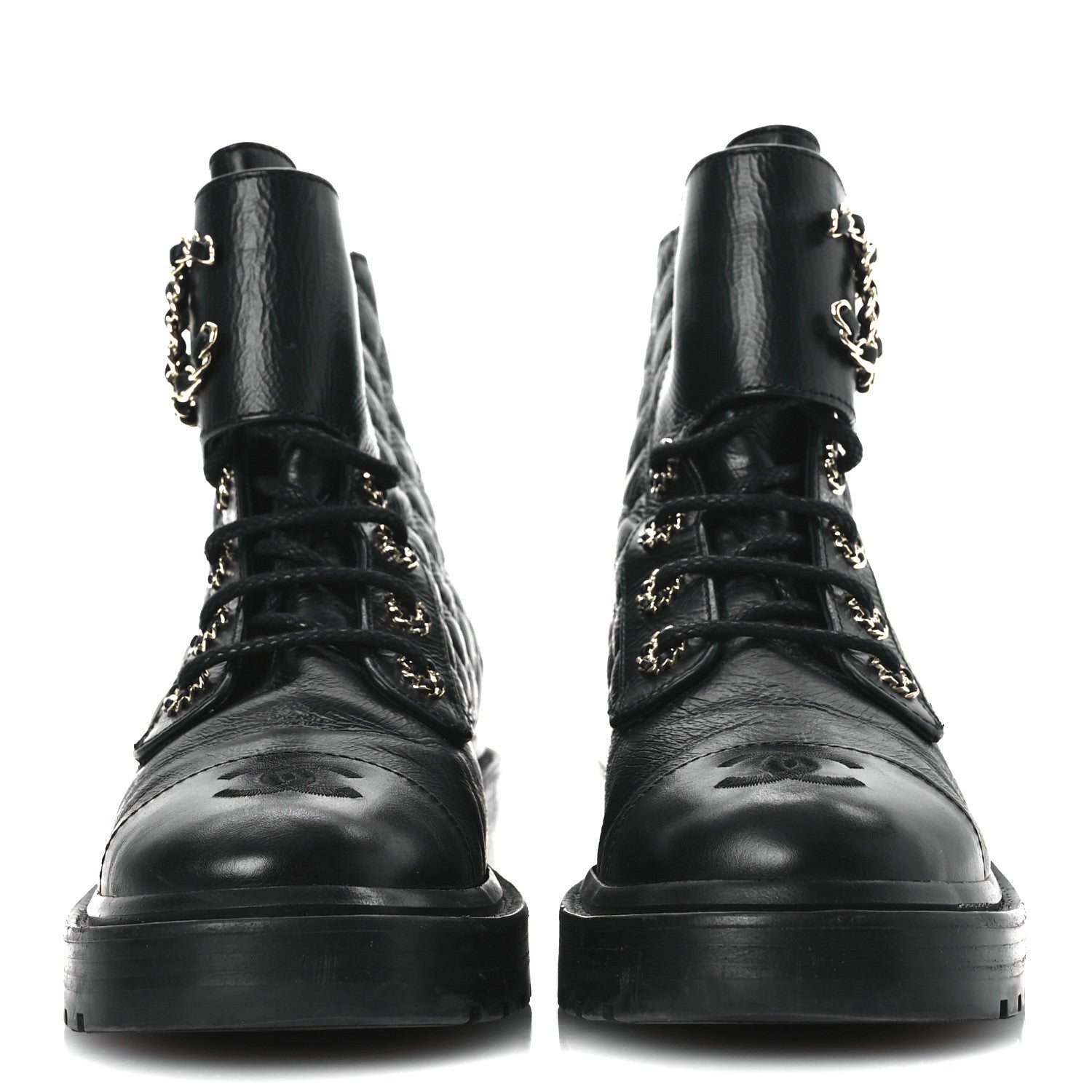 Chanel Shiny Goatskin Calfskin Quilted Lace Up Combat Boots 37 Black 3 of 11