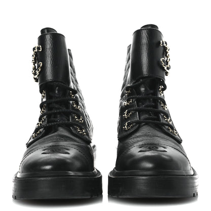 Chanel Shiny Goatskin Calfskin Quilted Lace Up Combat Boots 37 Black 3 of 11