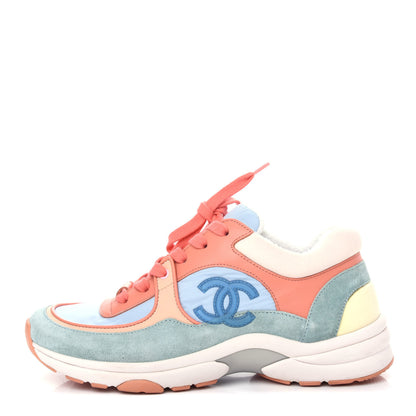 Chanel Nylon Lambskin Suede Calfskin CC Sneakers 36 Coral Light Blue White 1 of 10