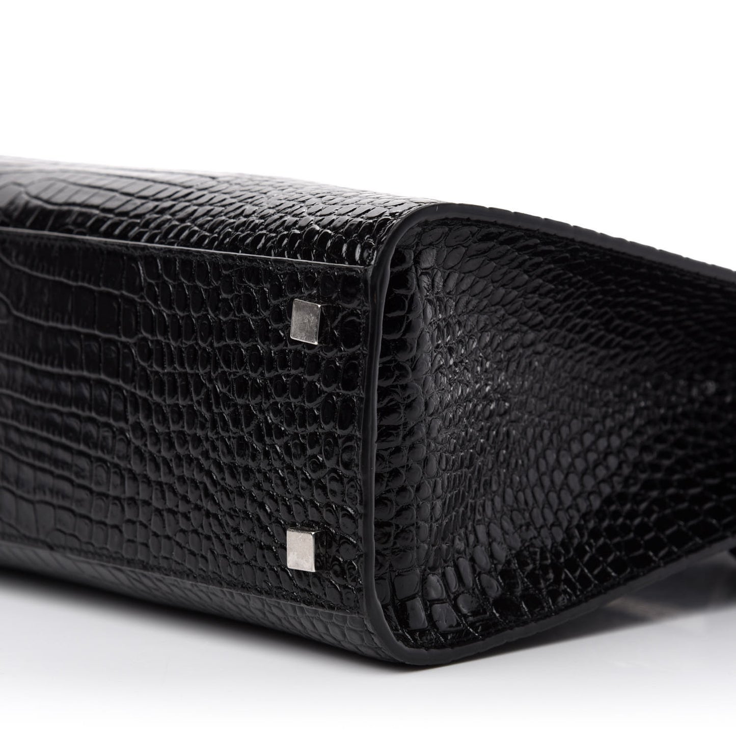 Shiny Calfskin Crocodile Embossed Small Manhattan Shopper Tote Black