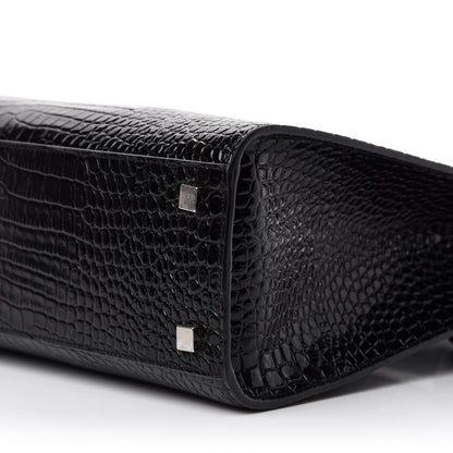 Saint Laurent Shiny Calfskin Crocodile Embossed Small Manhattan Shopper Tote Black 8 of 11