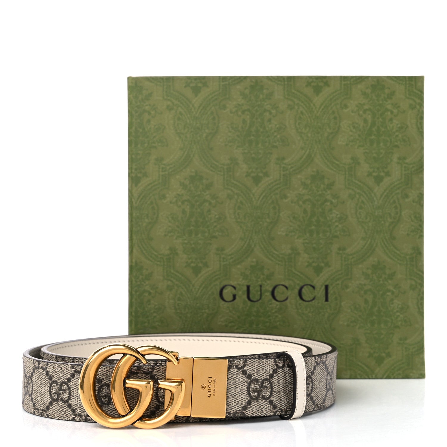 Gucci GG Supreme Monogram Plutone Calfskin Double G Reversible 30mm Belt 95 38 Beige Ebony Mystic White 5 of 5