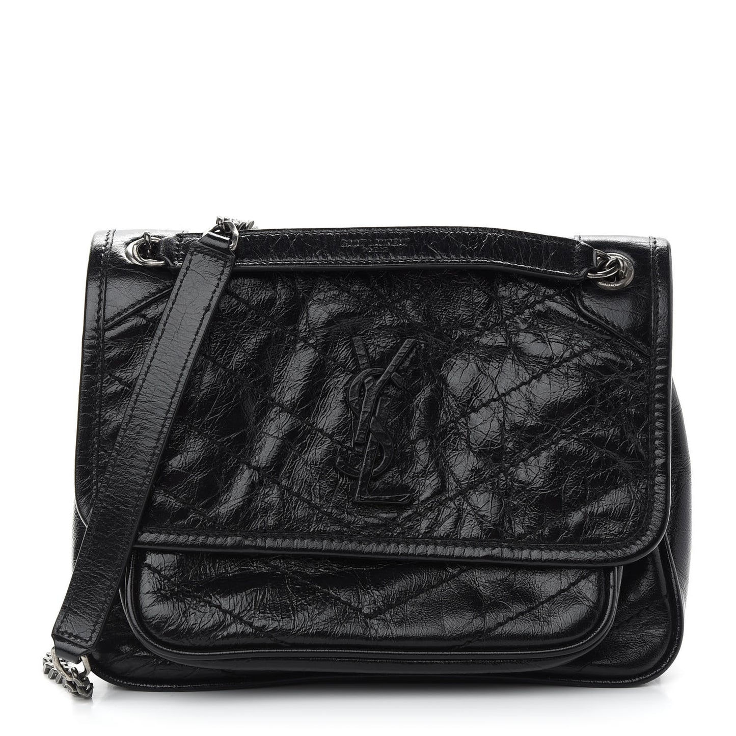 Crinkled Calfskin Matelasse Monogram Baby Niki Chain Satchel Black