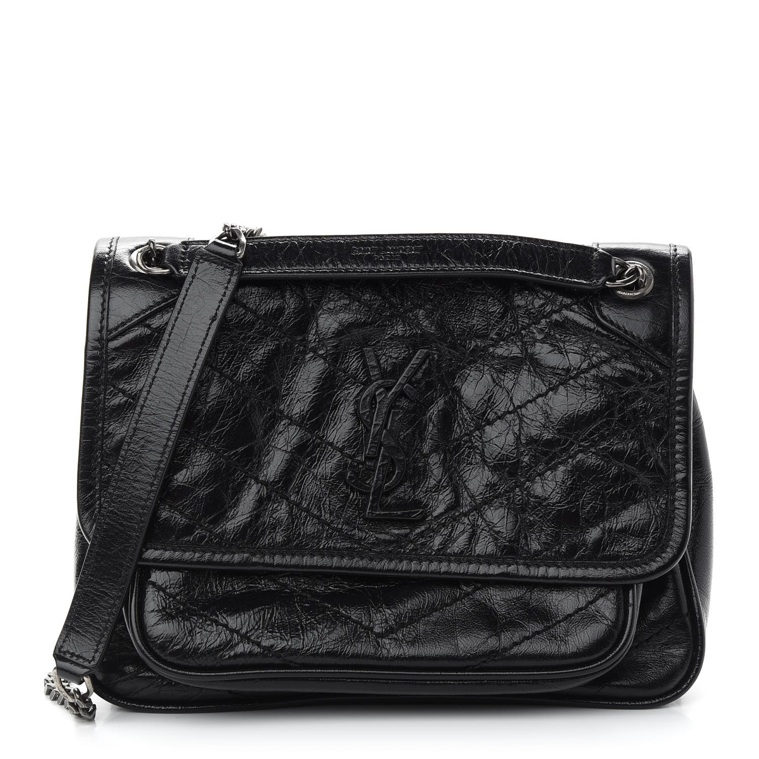 Saint Laurent Crinkled Calfskin Matelasse Monogram Baby Niki Chain Satchel Black 1 of 8