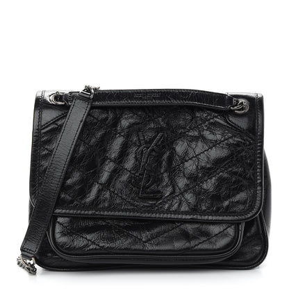 Saint Laurent Crinkled Calfskin Matelasse Monogram Baby Niki Chain Satchel Black 1 of 8