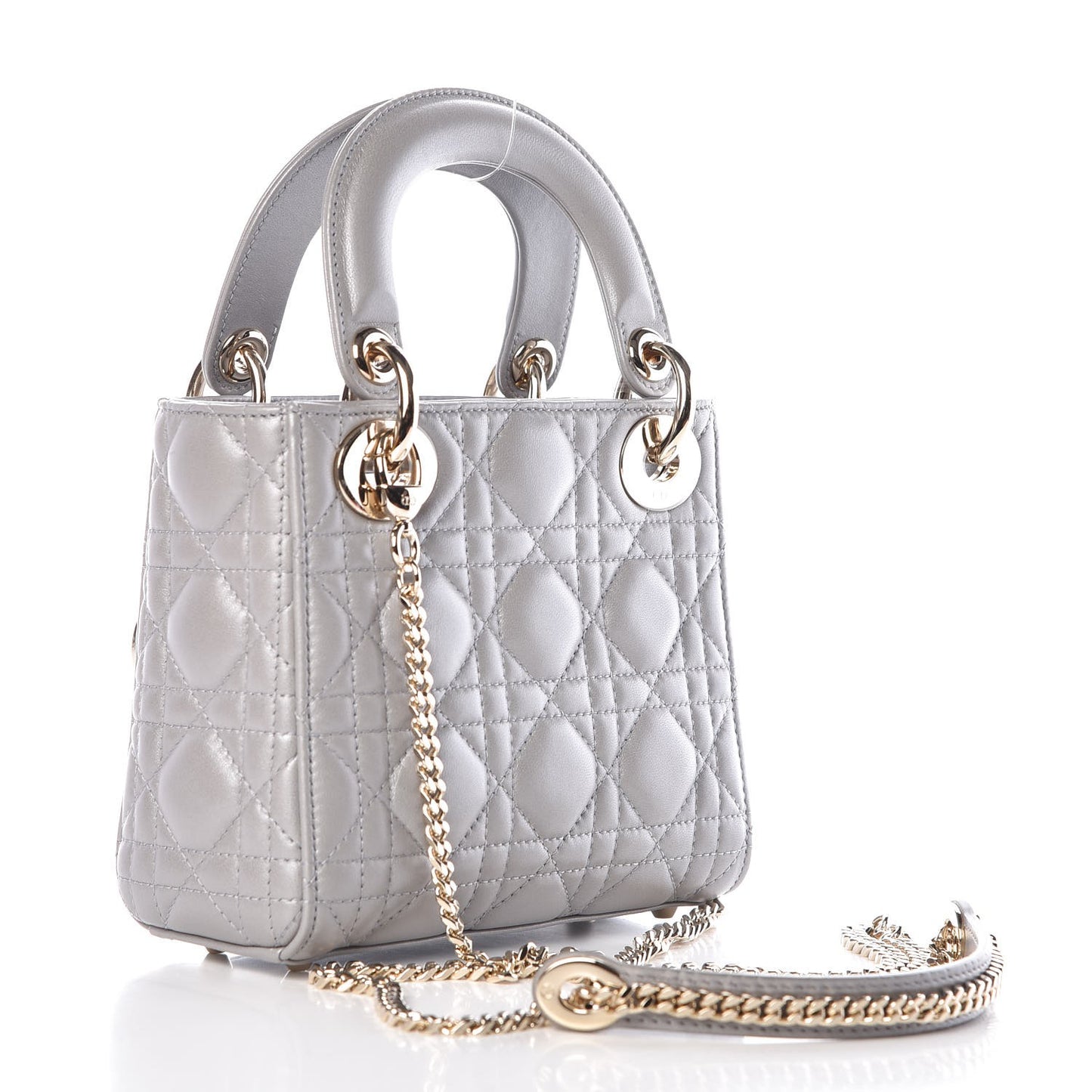 Metallic Lambskin Cannage Mini Lady Dior Grey