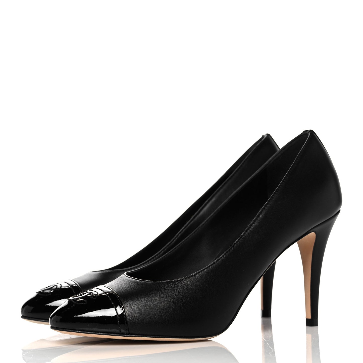 Lambskin Patent Calfskin Cap Toe CC Pumps 38.5 Black