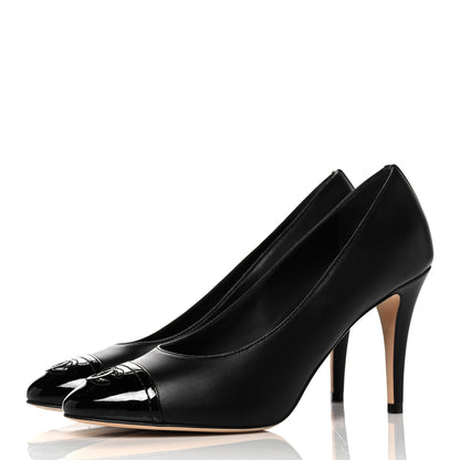Chanel Lambskin Patent Calfskin Cap Toe CC Pumps 38.5 Black 3 of 9