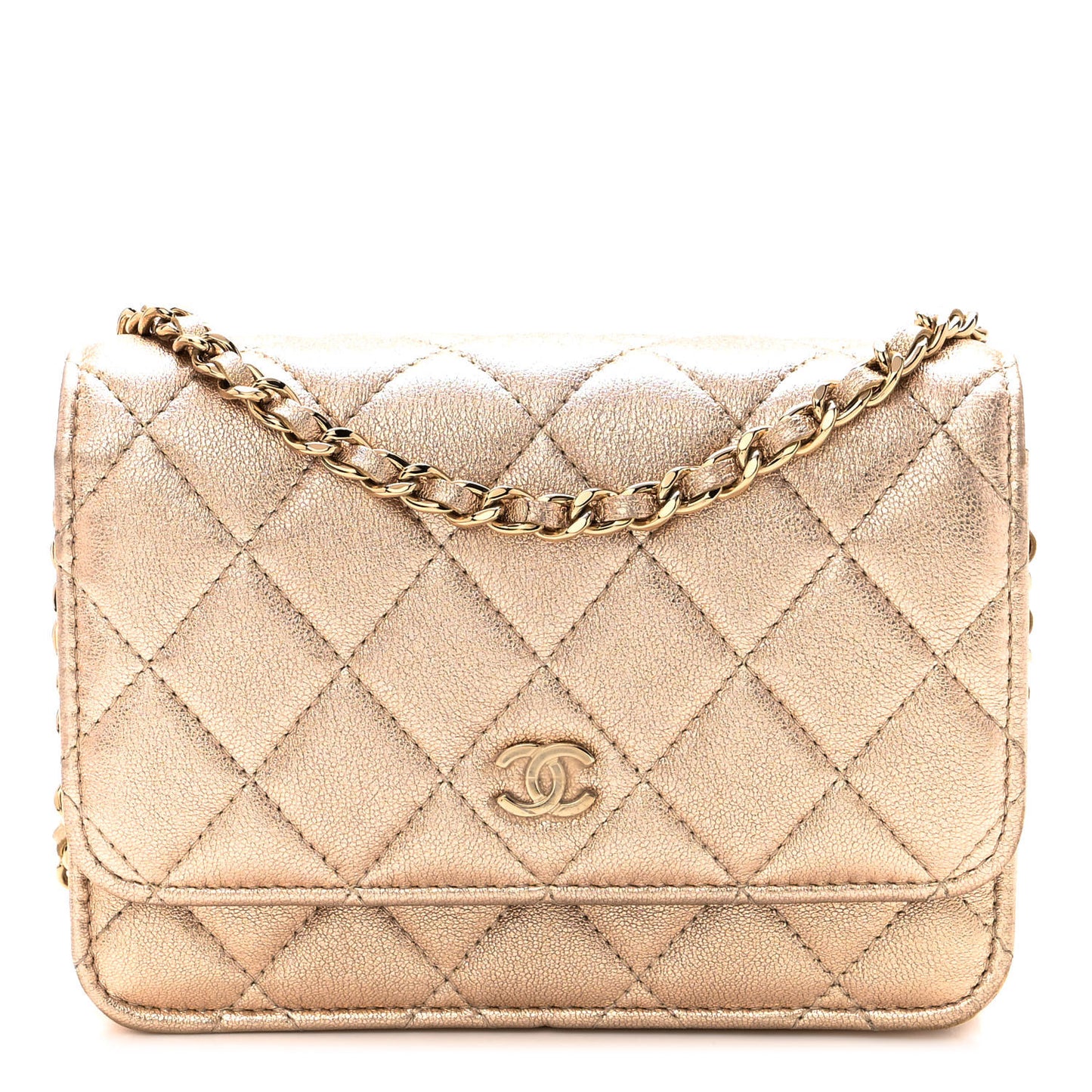 Metallic Lambskin Quilted Mini Wallet On Chain WOC Gold