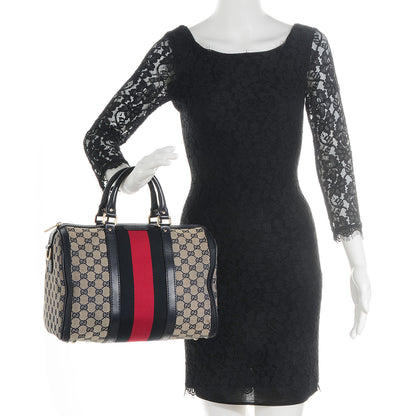 Gucci Monogram Selleria Calfskin Vintage Web Medium Boston Beige Blue 2 of 8