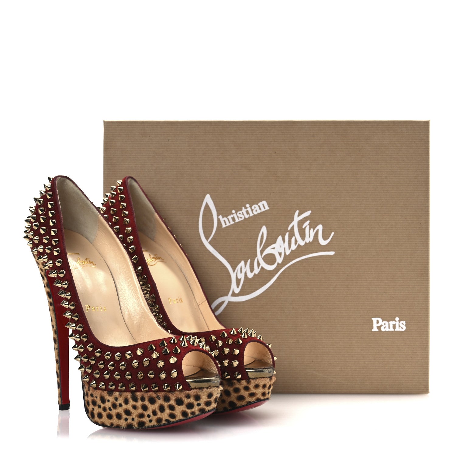 Christian Louboutin Veau Velours Calf Hair Leopard Lady Peep Spikes 150 Pumps 38 Red 13 of 13