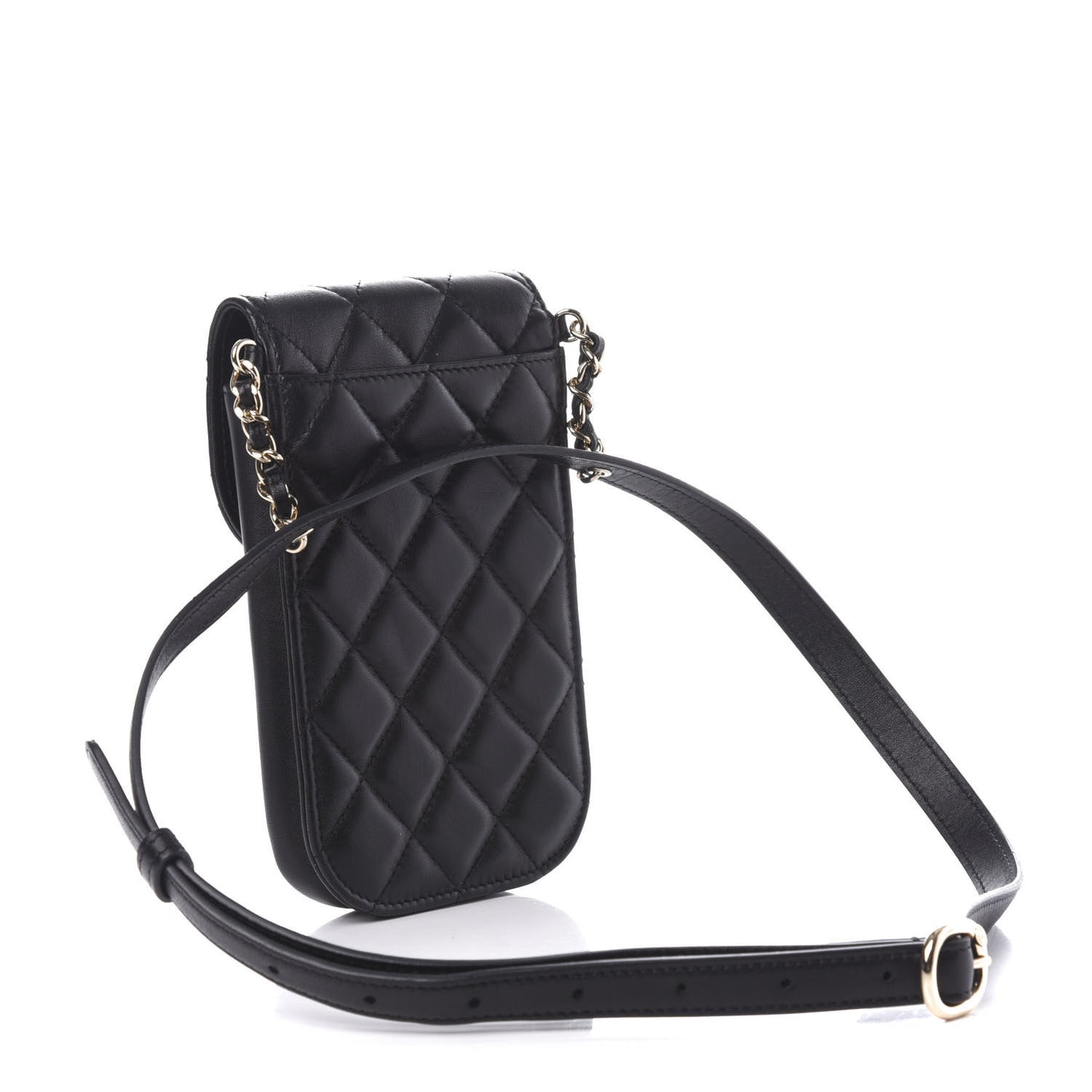 Lambskin Quilted Phone Chain Clutch Waist Bag Black