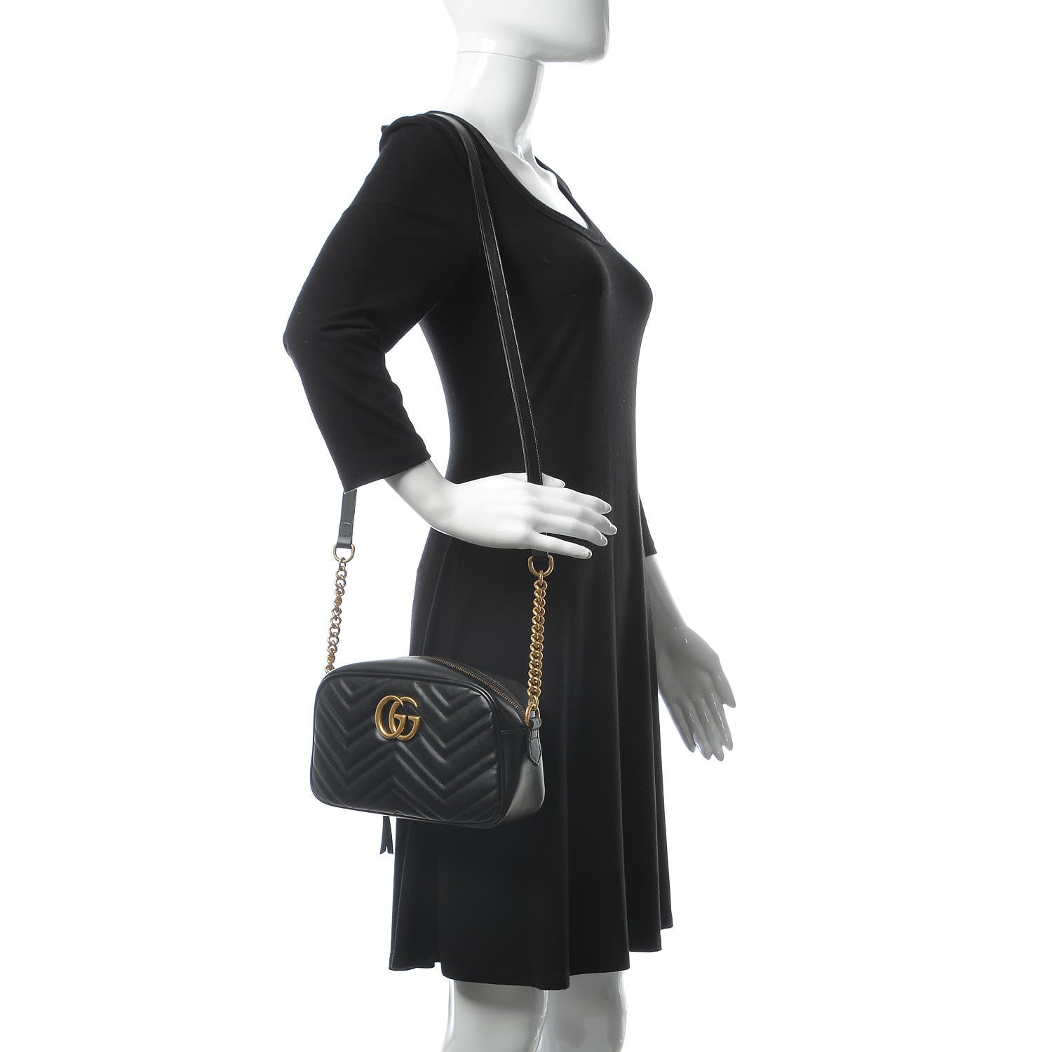 Gucci Calfskin Matelasse Small GG Marmont Chain Shoulder Bag Black 2 of 9