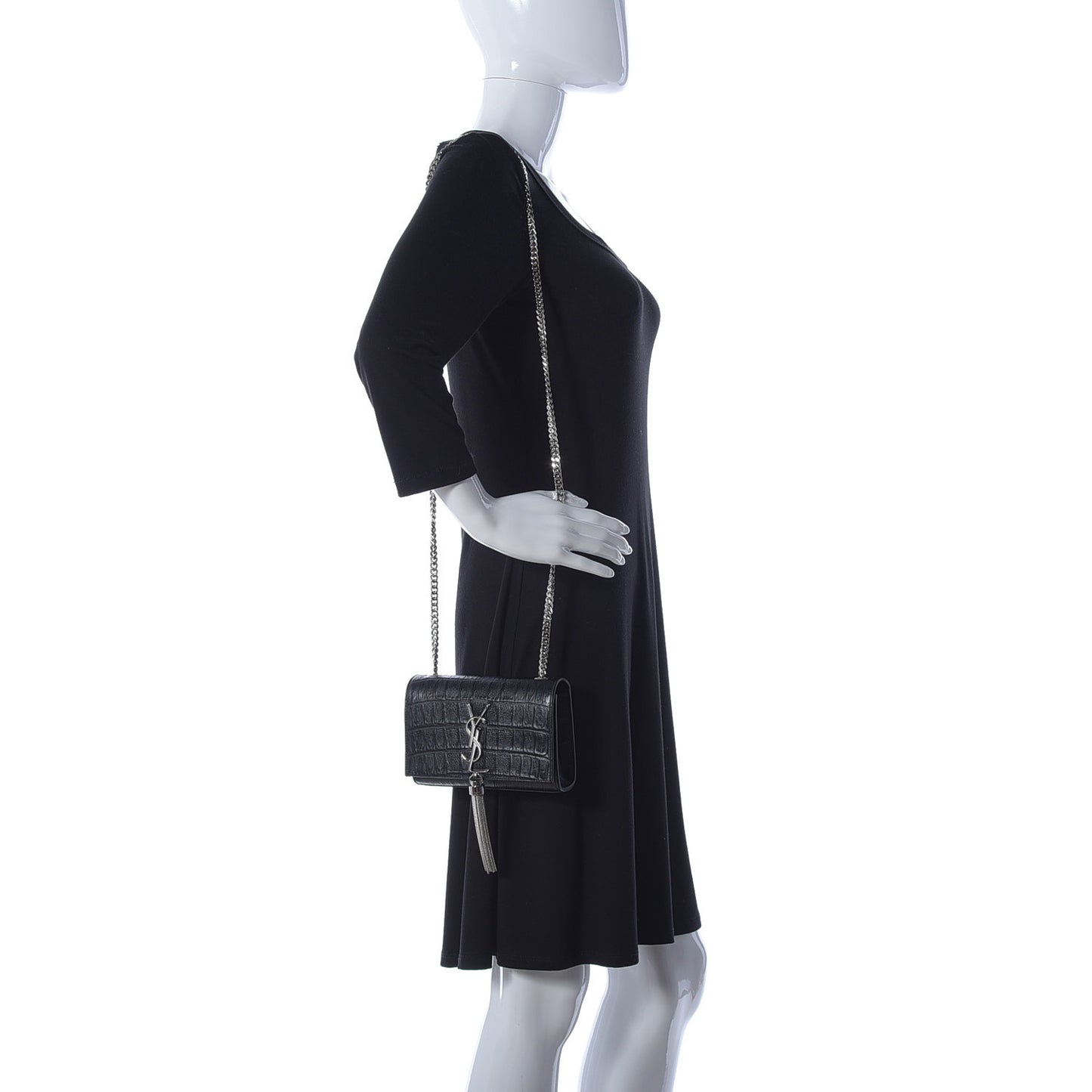 Calfskin Crocodile Embossed Monogram Small Kate Tassel Satchel Black