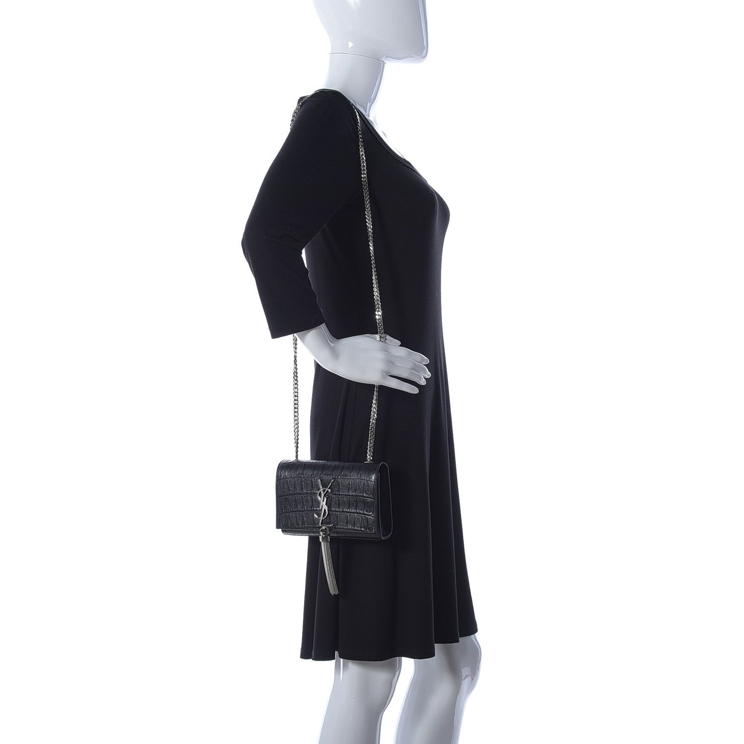Saint Laurent Calfskin Crocodile Embossed Monogram Small Kate Tassel Satchel Black 2 of 14
