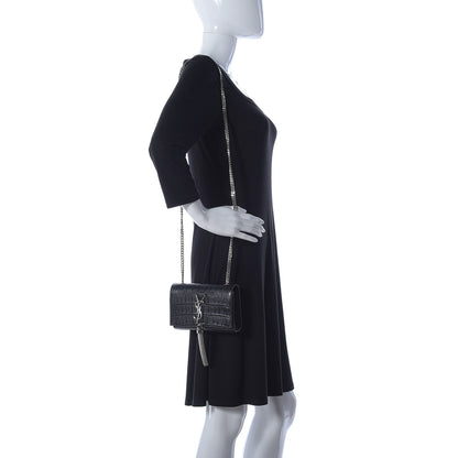 Saint Laurent Calfskin Crocodile Embossed Monogram Small Kate Tassel Satchel Black 2 of 14