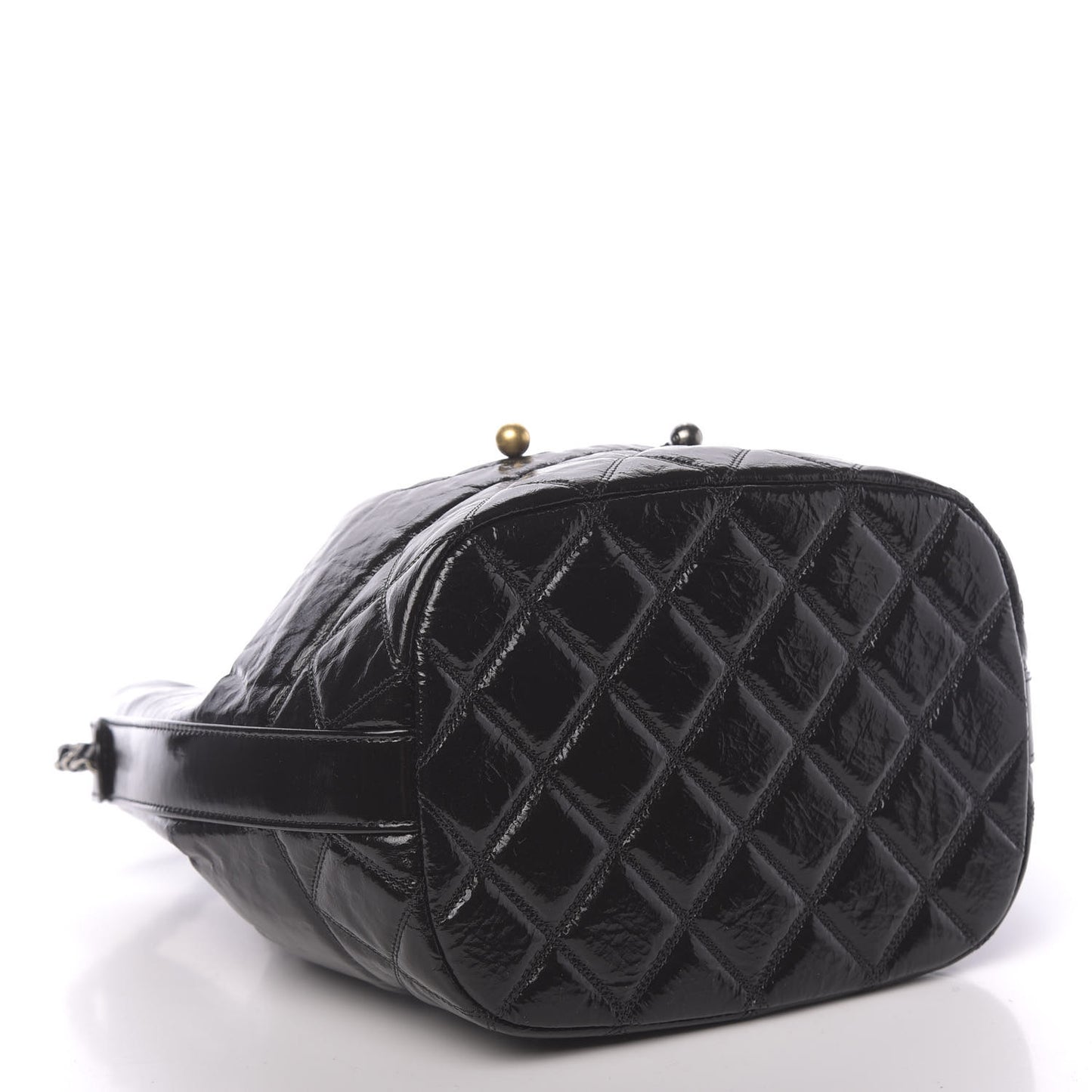 Shiny Aged Calfskin CC Chain Drawstring Bag Black