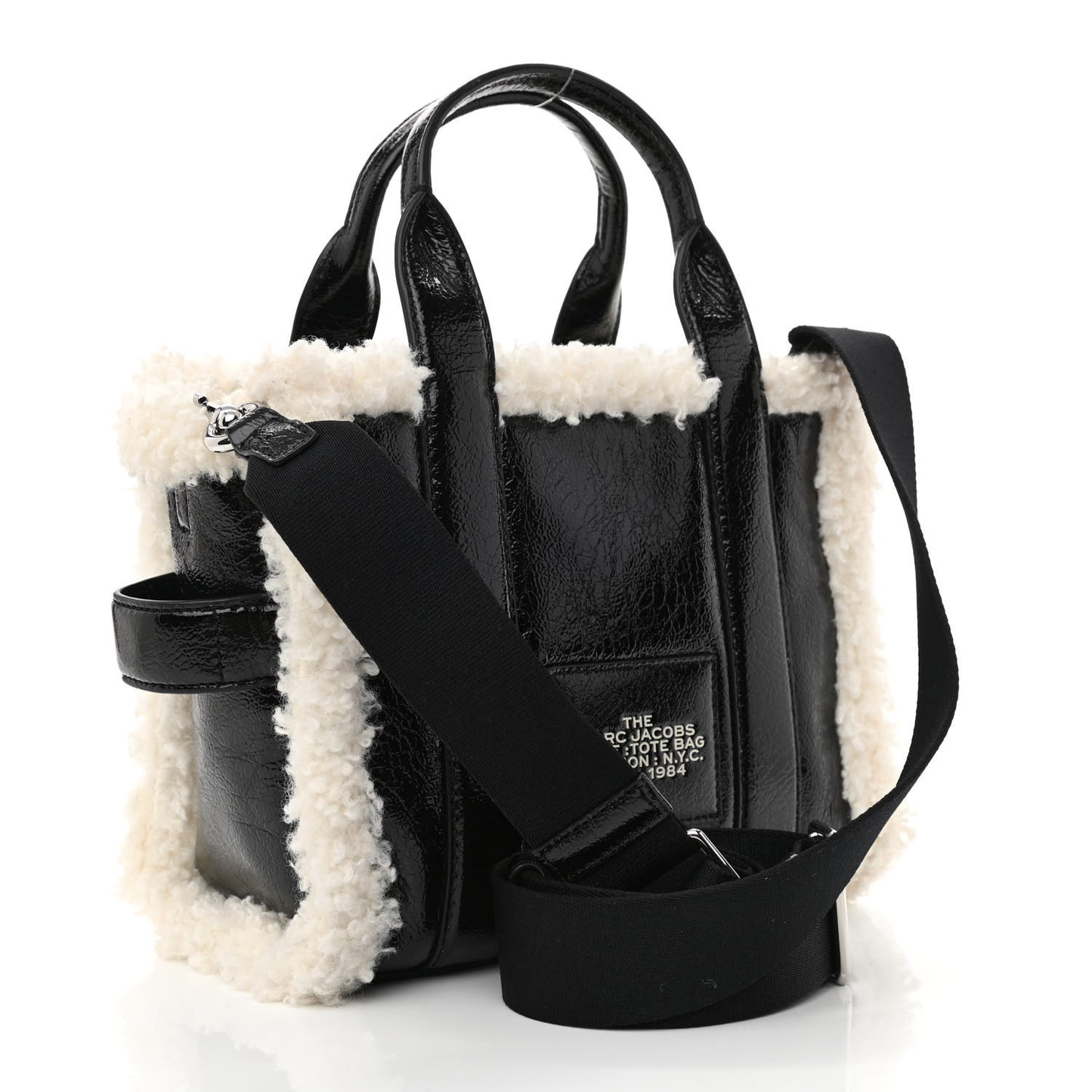Shiny Calfskin Faux Shearling Mini The Traveler Tote Bag Black