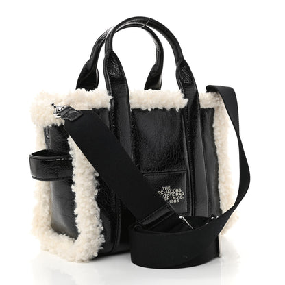 Marc Jacobs Shiny Calfskin Faux Shearling Mini The Traveler Tote Bag Black 3 of 11