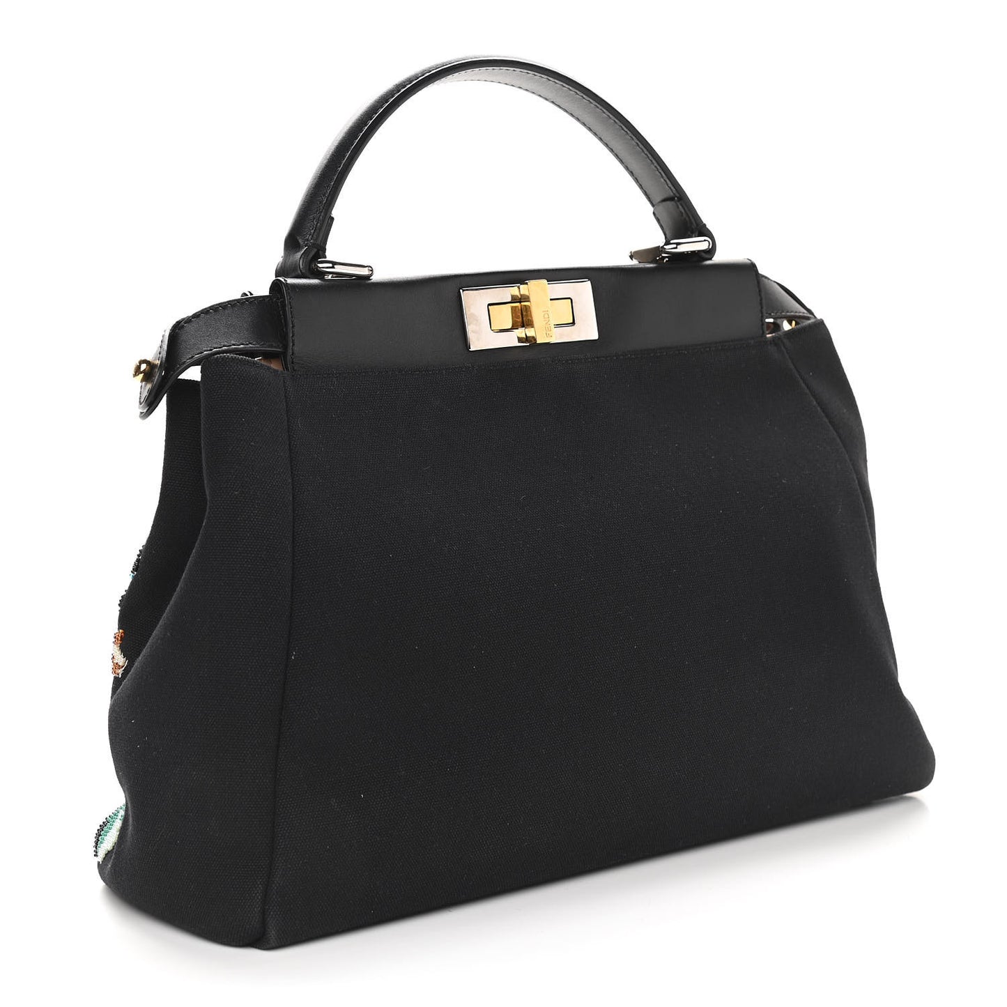 Canvas Beaded Floral Medium Peekaboo Iconic Satchel Black