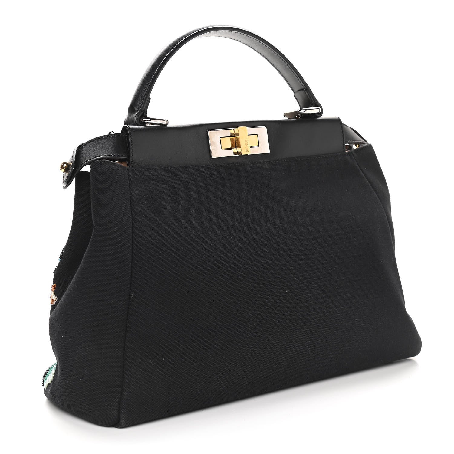 Fendi Canvas Beaded Floral Medium Peekaboo Iconic Satchel Black 2 of 10