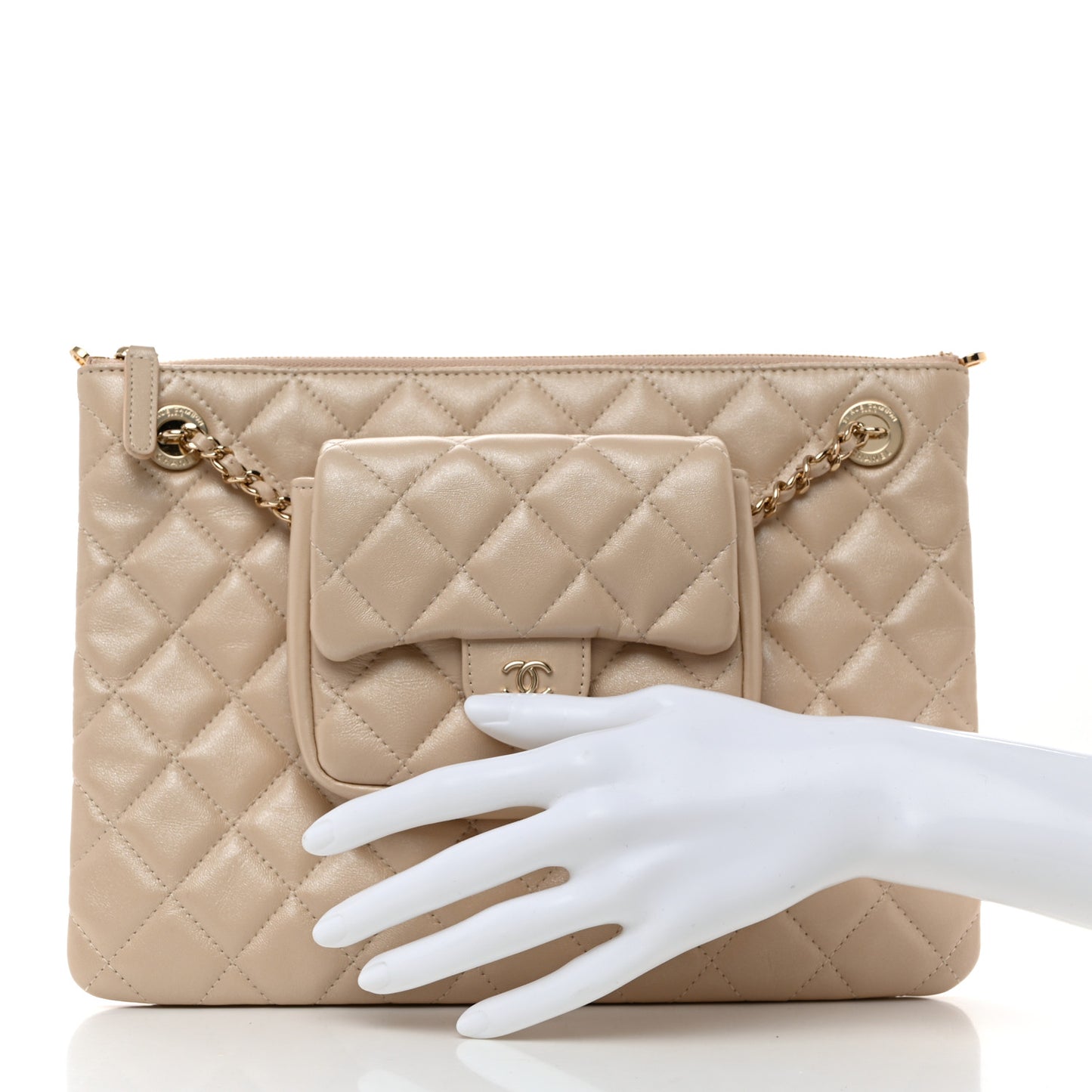 Iridescent Lambskin Quilted Pouch With Flap Beige
