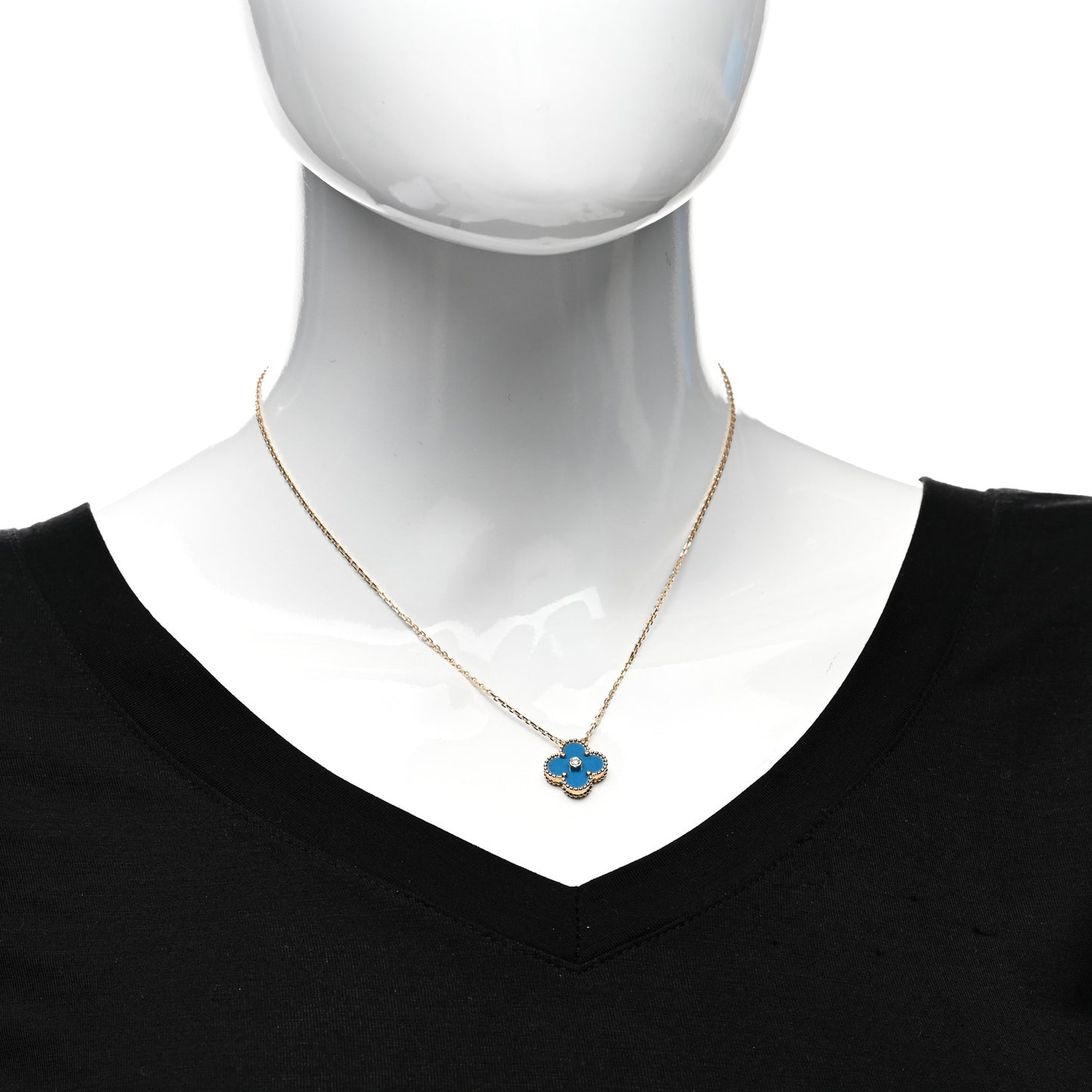 18K Yellow Gold Diamond Celestial Blue Sevres Porcelain Vintage Alhambra Pendant Necklace