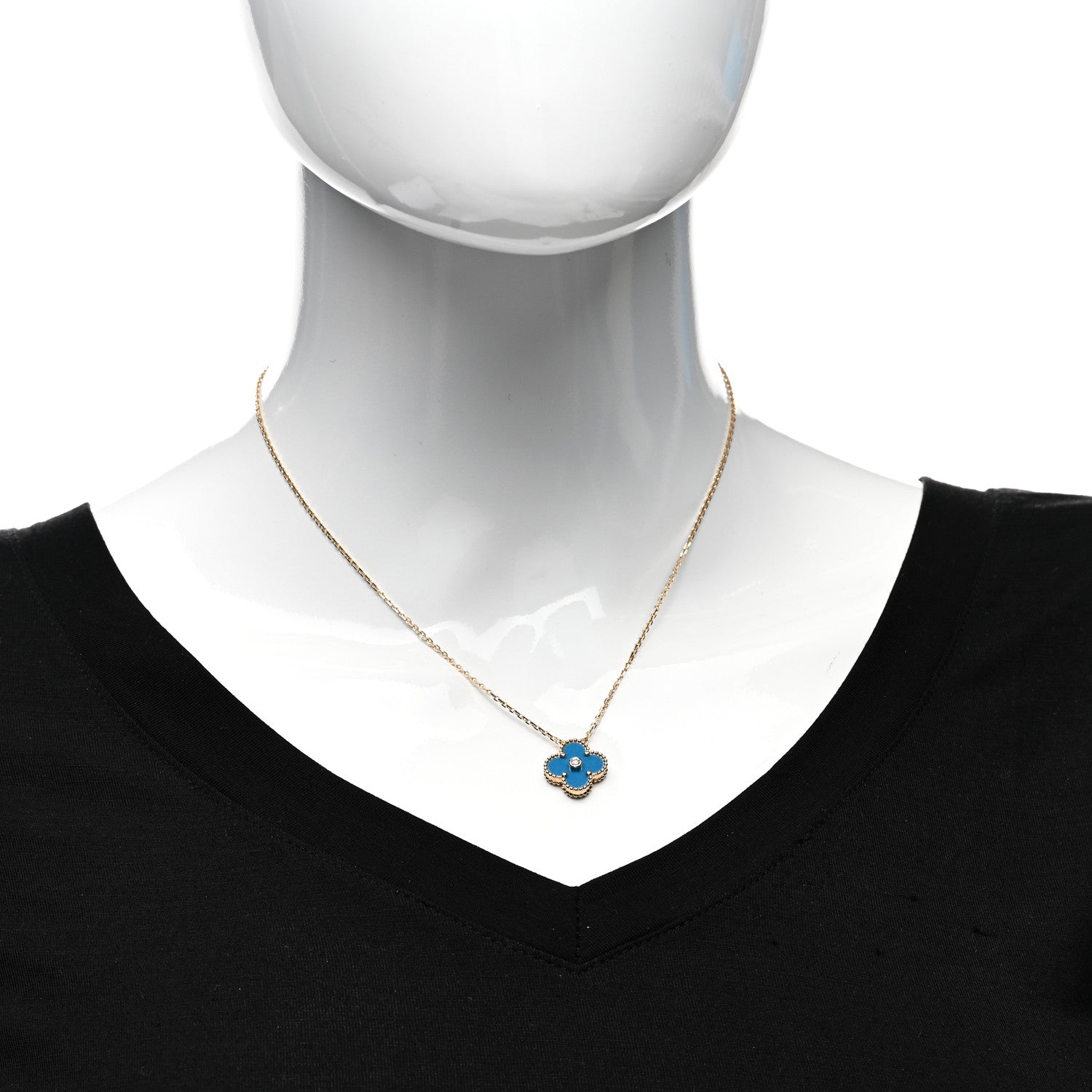 Van Cleef & Arpels 18K Yellow Gold Diamond Celestial Blue Sevres Porcelain Vintage Alhambra Pendant Necklace 2 of 4
