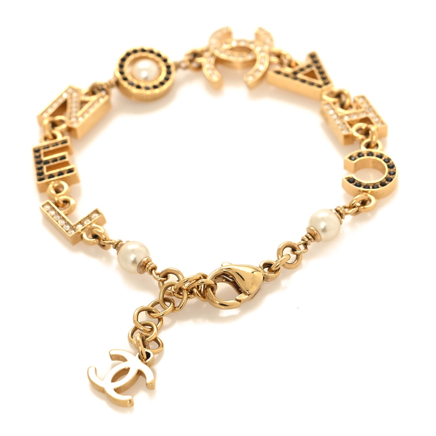Chanel Crystal Pearl Logo Bracelet Black Gold 3 of 4
