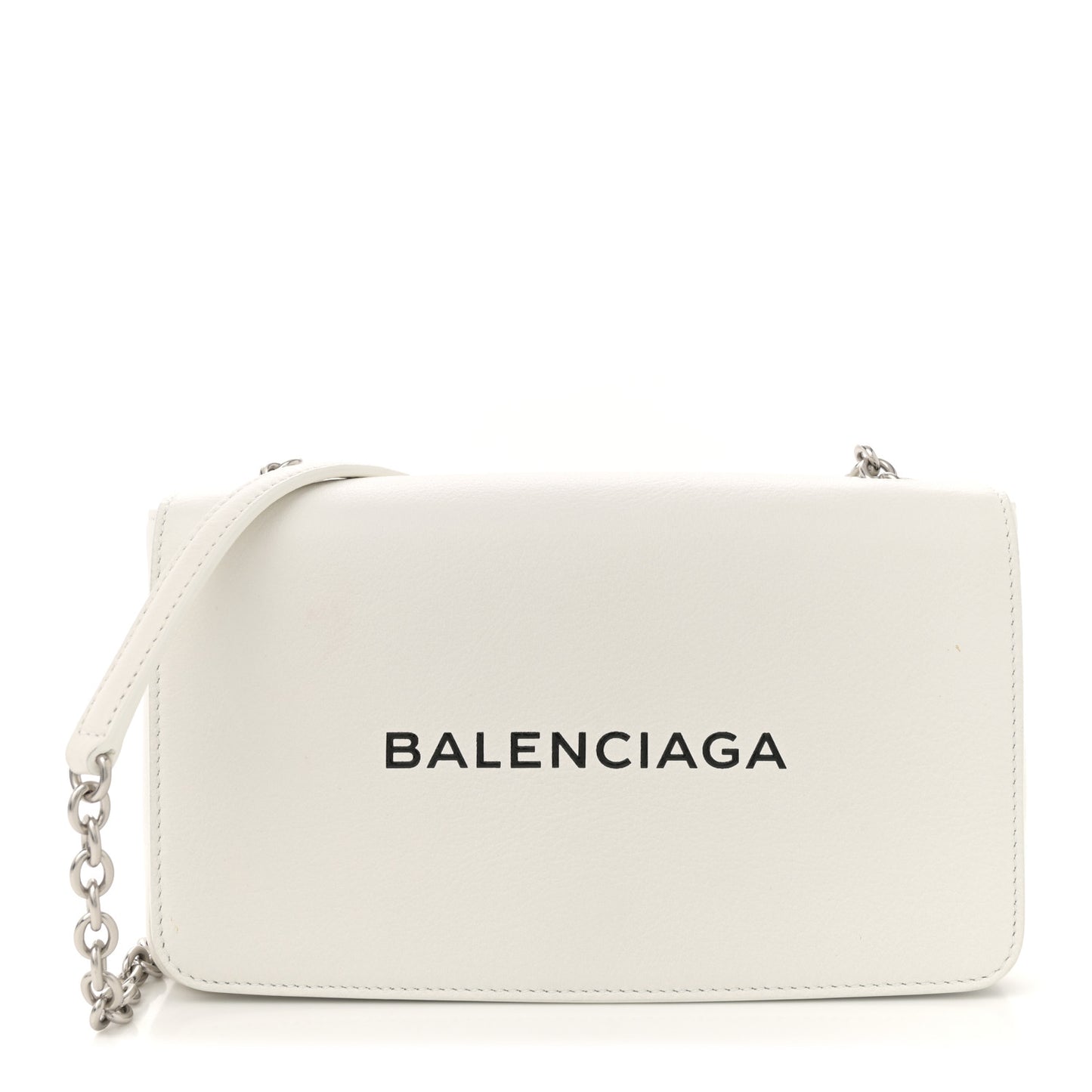 Pebbled Calfskin Logo Everyday Flap Chain Wallet White