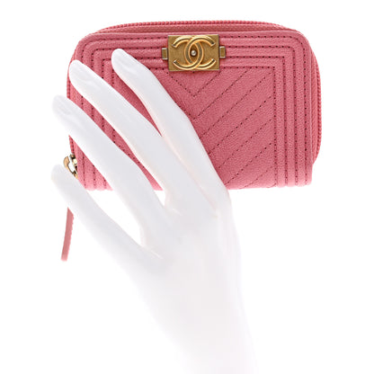 Chanel Caviar Chevron Quilted Boy Zip Around Coin Purse Wallet Pink 2 of 7