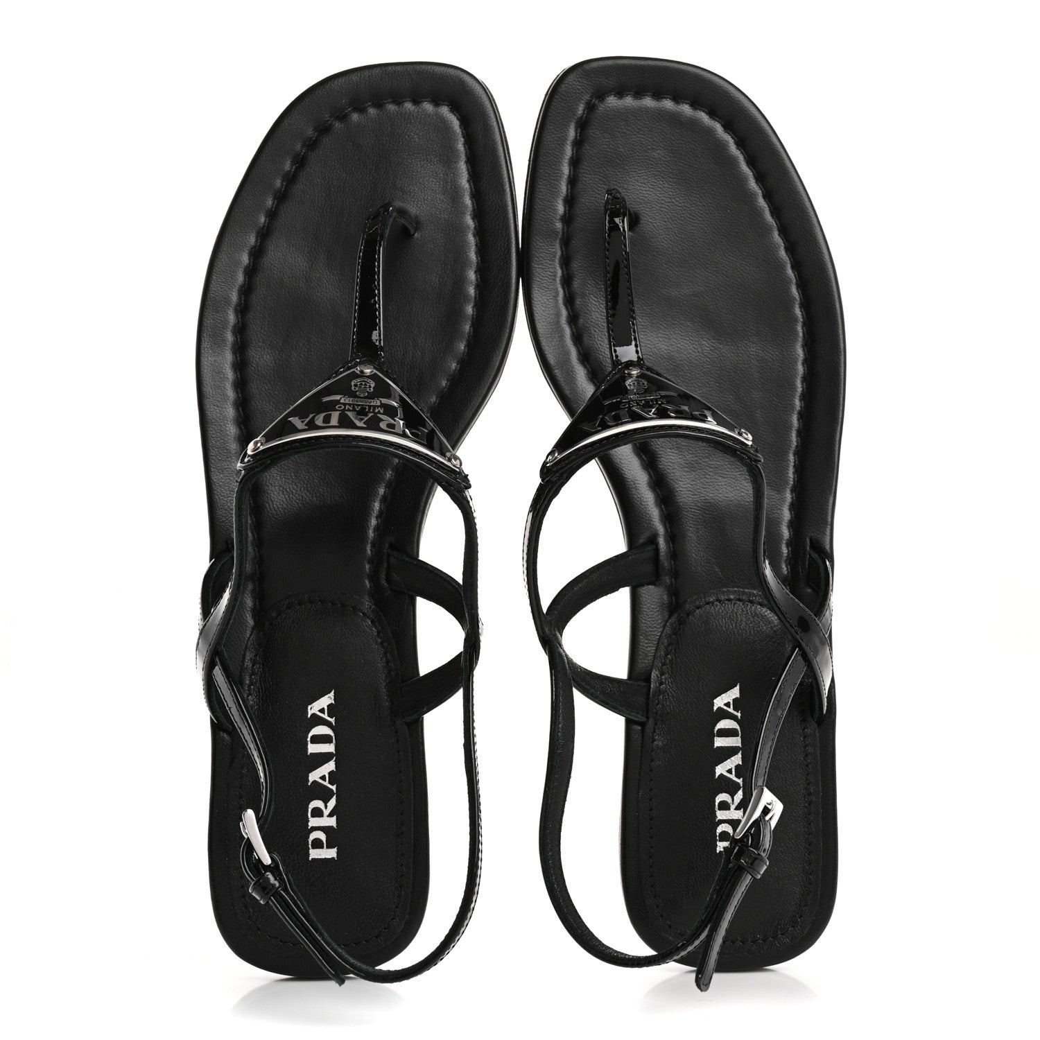 Prada Vernice Metal Triangle Logo Slingback Flat Thong Sandals 39 Black 2 of 10