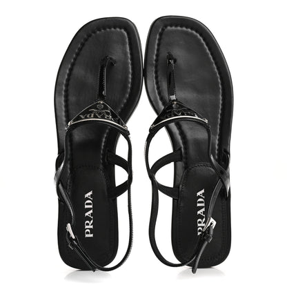 Prada Vernice Metal Triangle Logo Slingback Flat Thong Sandals 39 Black 2 of 10