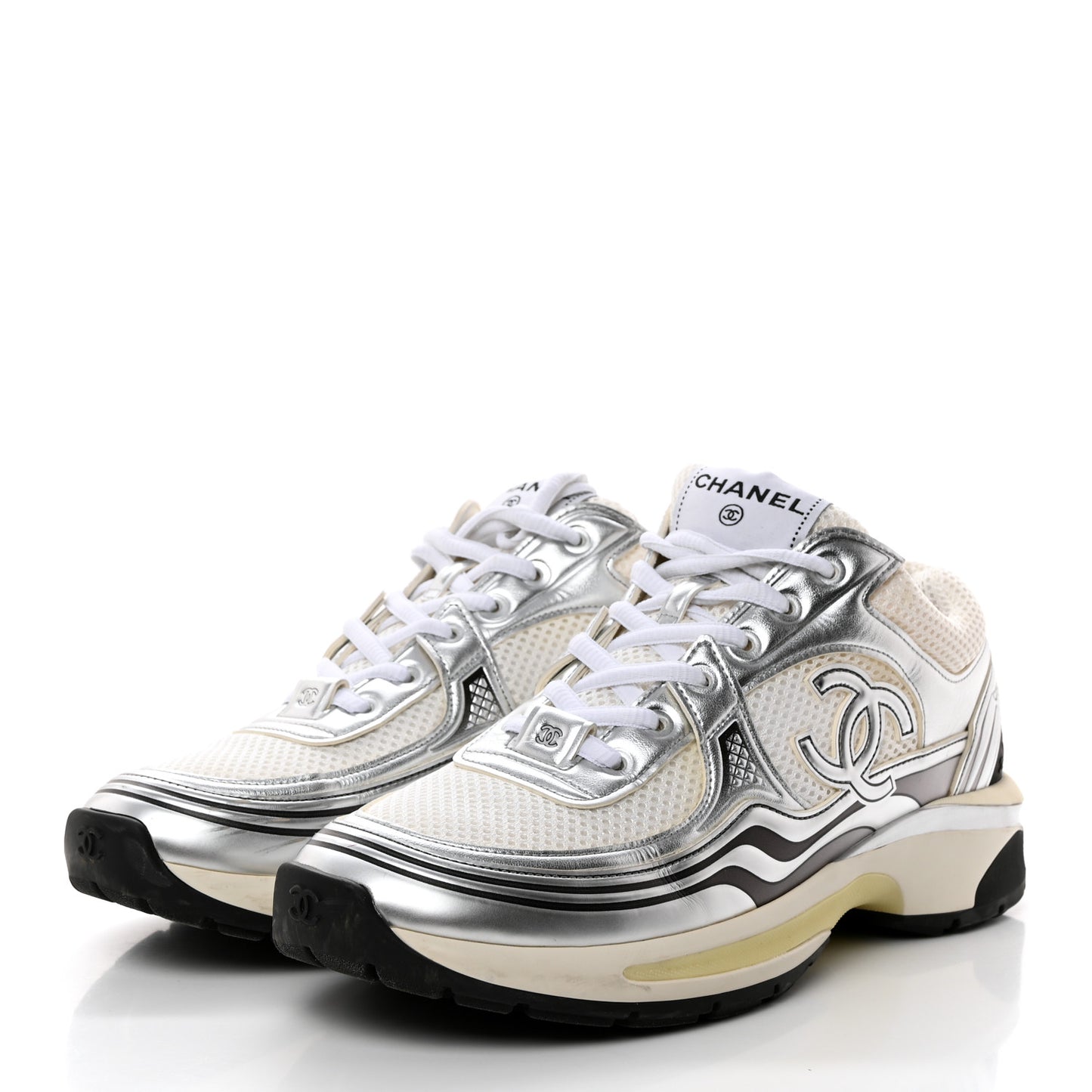 Fabric Laminated Calfskin Stretch CC Womens Sneakers 38.5 White Silver