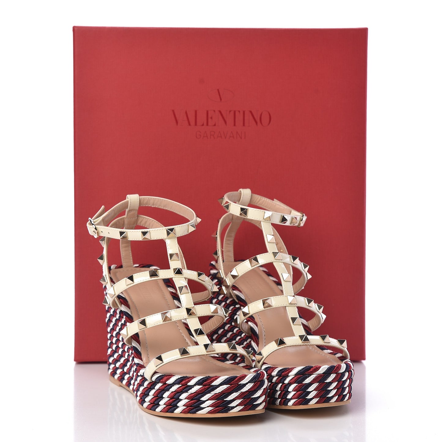 Patent Rockstud Ankle Strap Torchon Espadrille Caged 25/95mm Wedge Sandals 37 Light Ivory