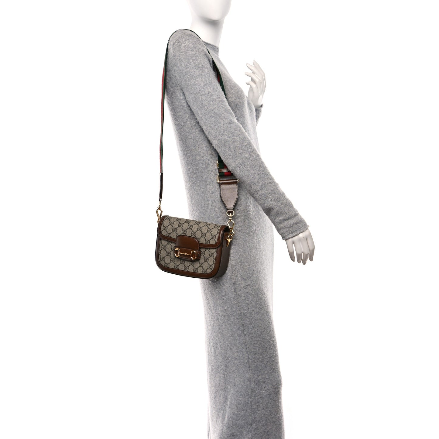 GG Supreme Monogram Web Mini Horsebit 1955 Shoulder Bag Beige Brown Sugar