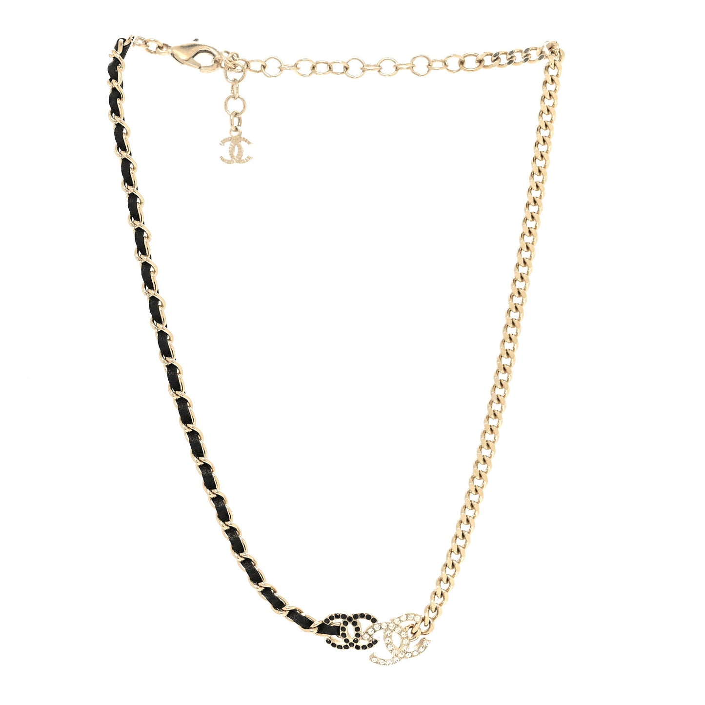 Metal Lambskin Crystal Double CC Short Necklace Black Gold