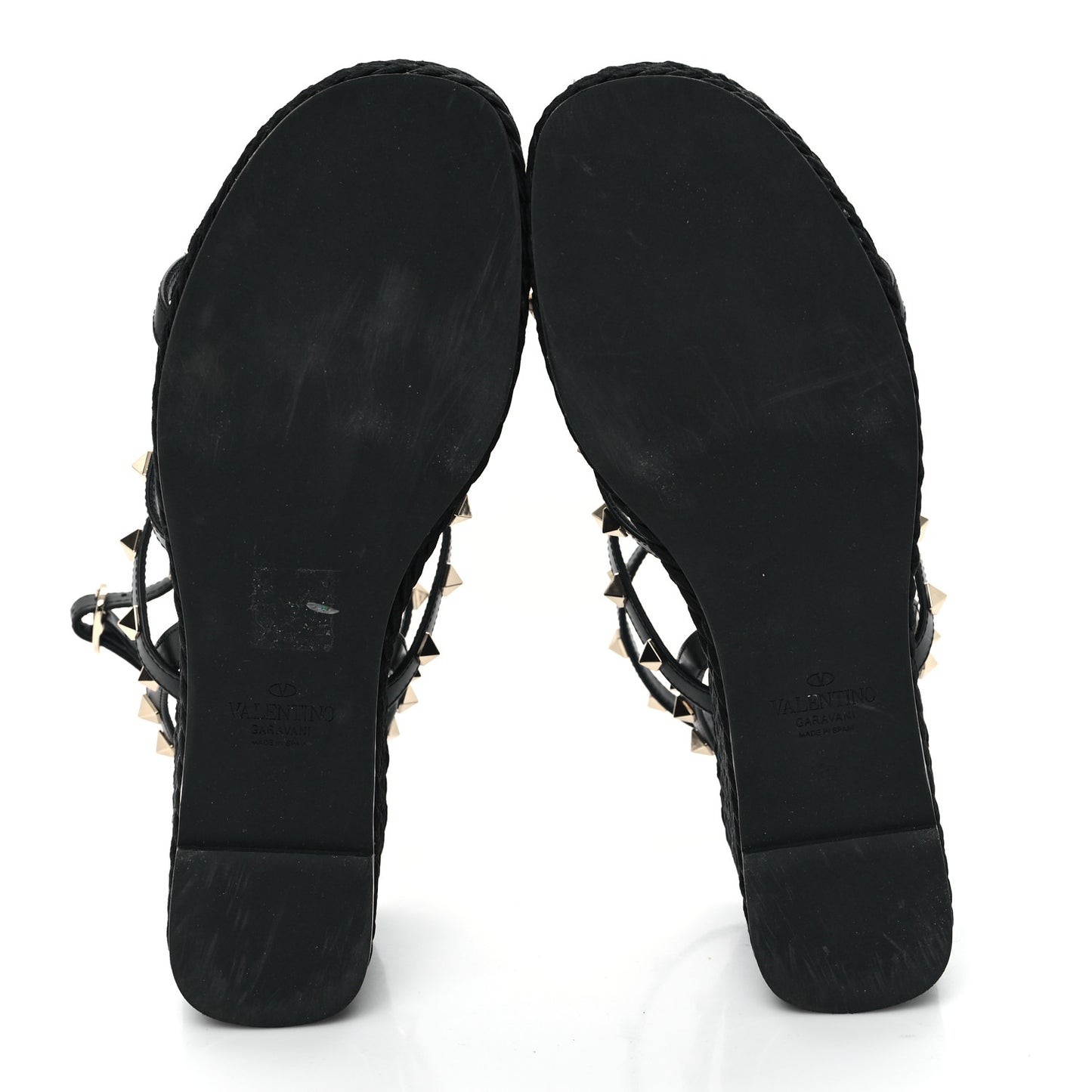 Calfskin Rockstud Ankle Strap Torchon Espadrille Caged 25/95mm Wedge Sandals 40 Black