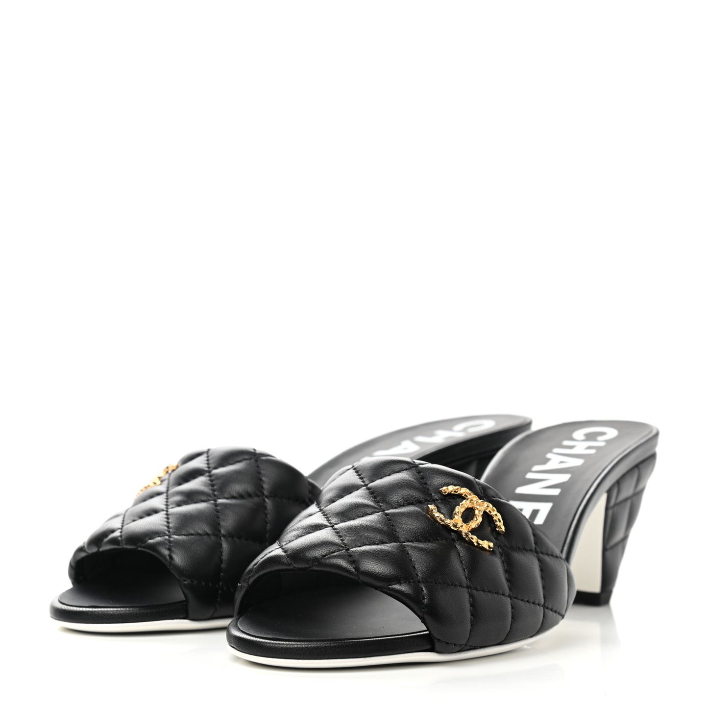 Lambskin Quilted Textured CC Mules 38 Black