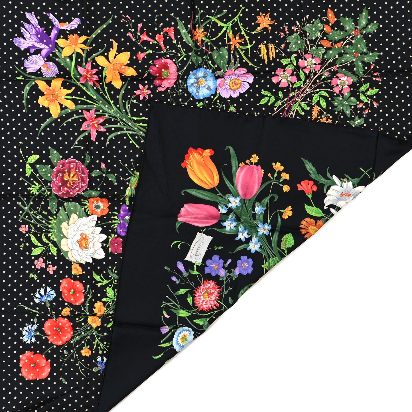 Silk Twill Flora Stars Square Scarf Black