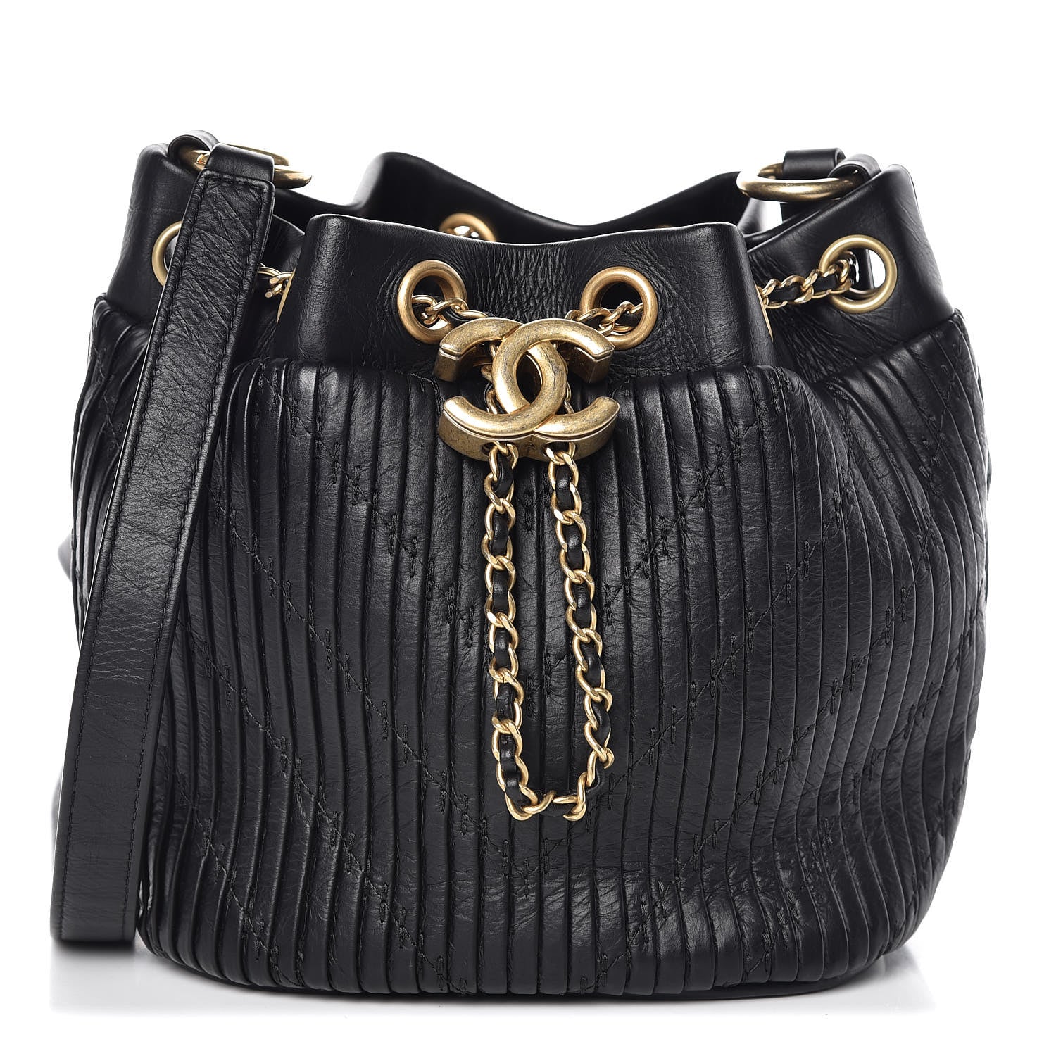 Chanel Iridescent Crumpled Calfskin Coco Pleats Small Drawstring Bag Black 1 of 9