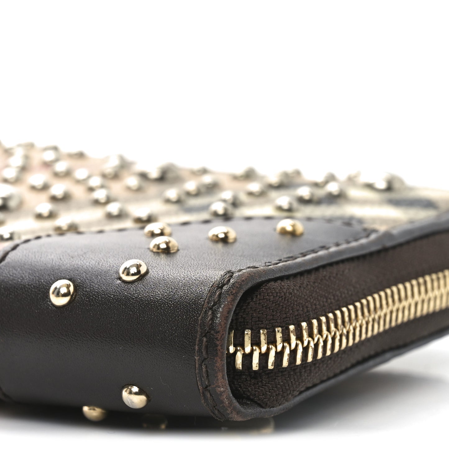 Studded Haymarket Check Large Zip Around Wallet Brown