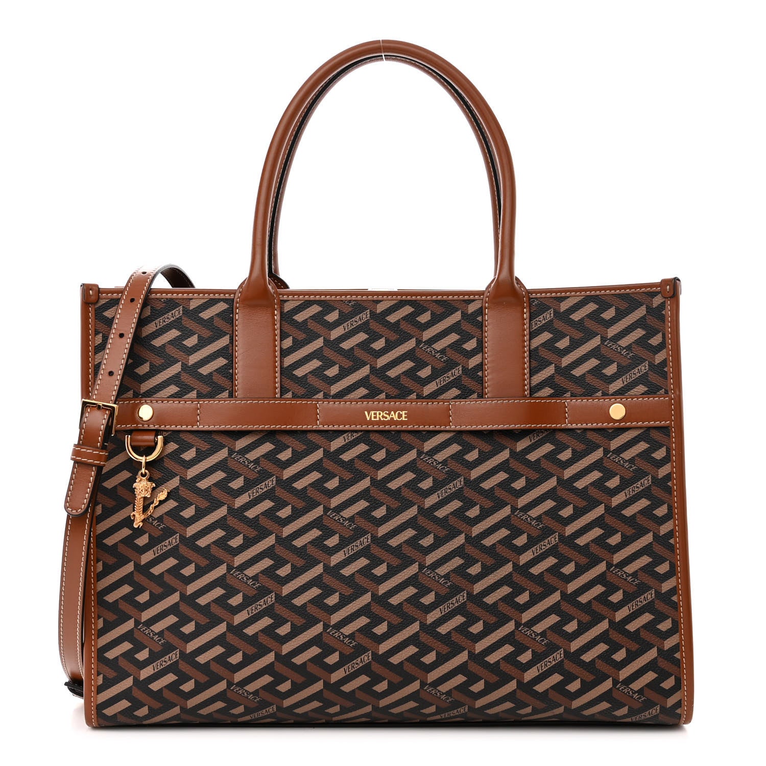 Versace Coated Canvas Calfskin La Greca Signature Tote Bag Black Caramel 1 of 10