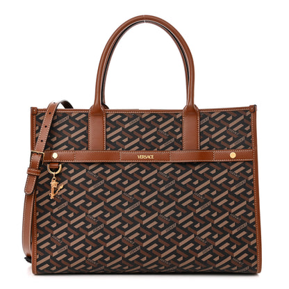 Versace Coated Canvas Calfskin La Greca Signature Tote Bag Black Caramel 1 of 10