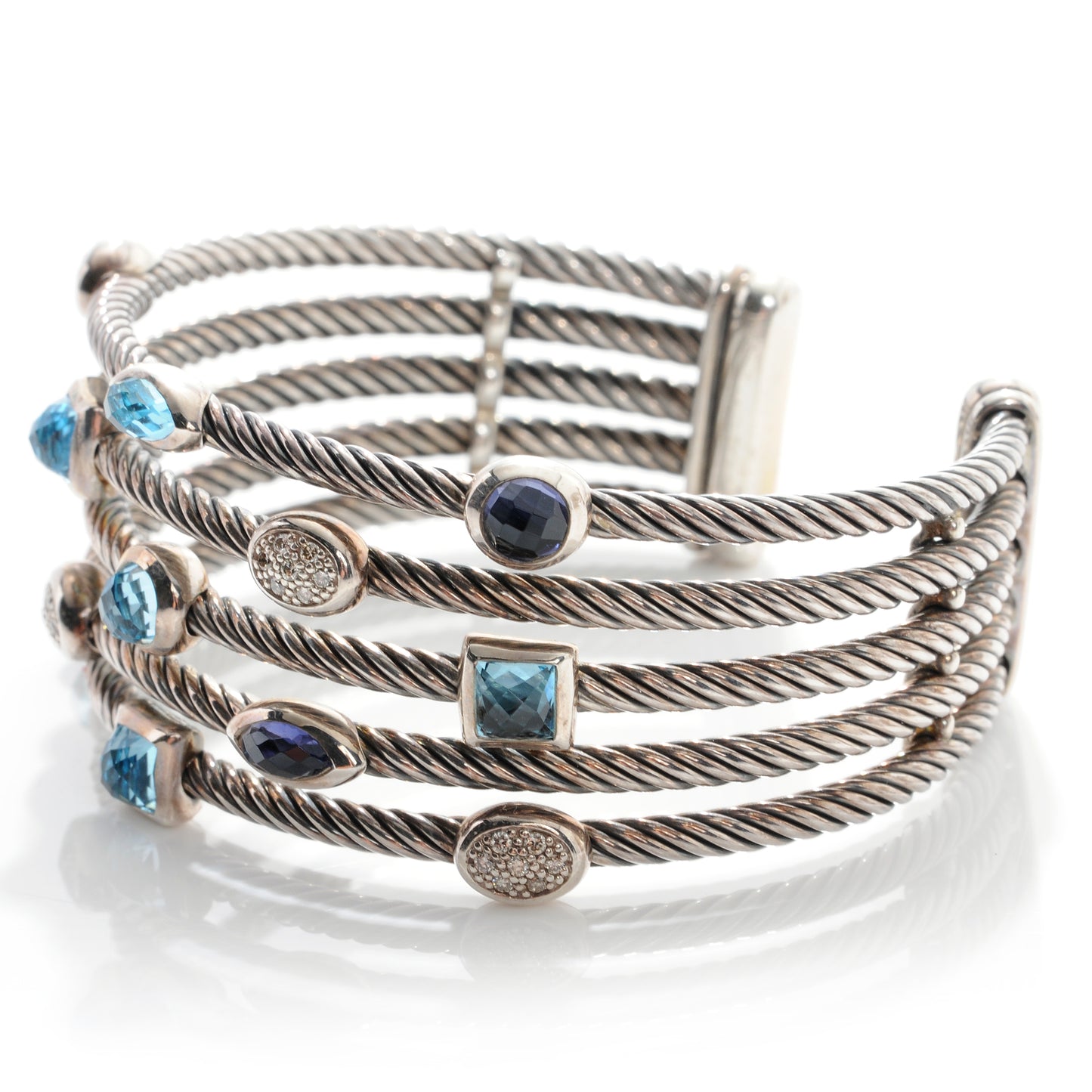 Sterling Silver Diamond Blue Topaz Iolite Confetti Five Row Bracelet
