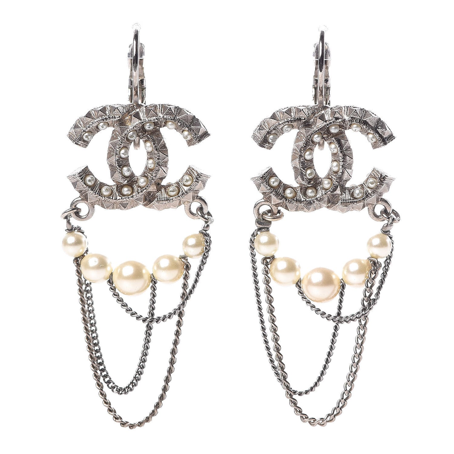 Spike Pearl Chain CC Drop Earrings Light Gold
