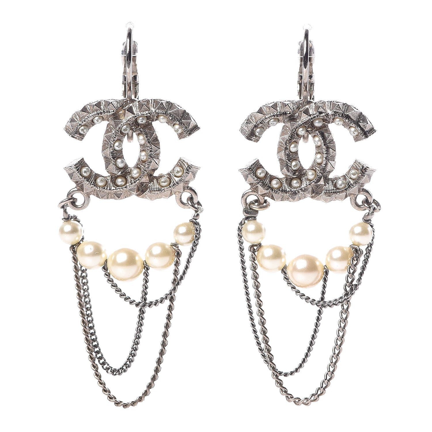 Chanel Spike Pearl Chain CC Drop Earrings Light Gold 1 of 4